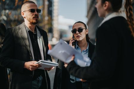 Business colleagues on a city street review documents and talk on the phone during outdoor briefingの写真素材