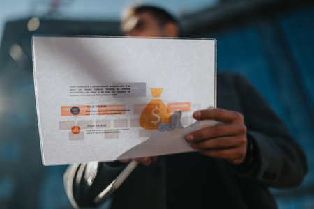 Finance infographic held by a businessperson in an urban setting, presenting to investorsの写真素材