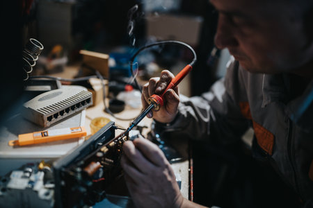 Tech worker soldering electronics in a workshop, focused on repair and assembly at the workbenchの写真素材