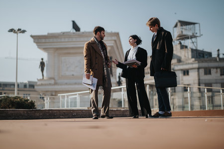 Three colleagues discuss plans outdoors on a rooftop terrace with a city skyline and historic monument in the backgroundの写真素材