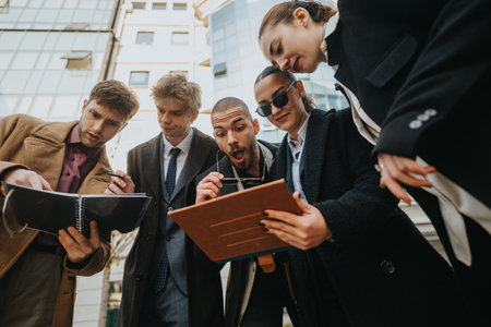 Young colleagues review documents outside an office building, showcasing teamwork and discussion in the cityの写真素材