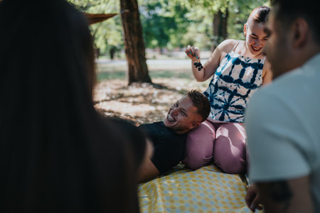 Friends enjoy an outdoor picnic in the park, laughing and relaxing together on a blanketの写真素材