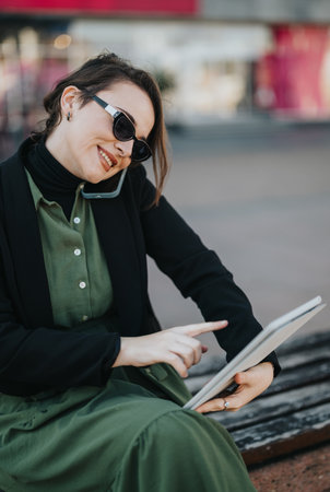 Businesswoman on a tablet call in an urban city setting, smiling and stylishの写真素材
