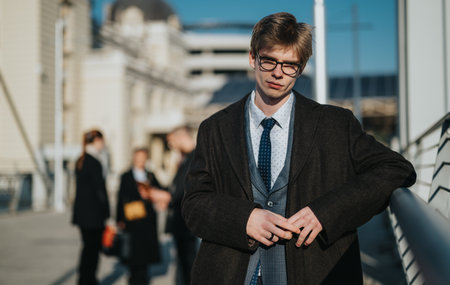 Young professional man in a dark overcoat posing on an urban bridge for a stylish business portraitの写真素材