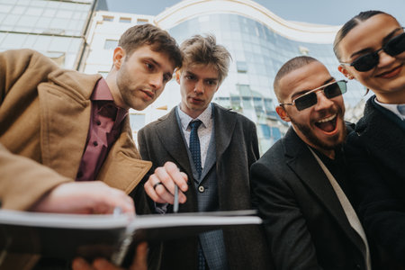 Group of friends and colleagues collaborates outdoors in the city, sharing ideas and planning togetherの写真素材