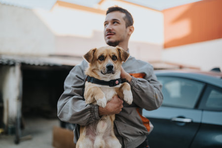Man holding a puppy outdoors beside a car, showcasing companionship and careの写真素材