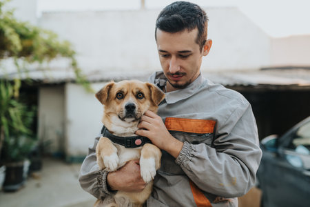 Man holds a small dog while wearing work coveralls, showcasing care and companionship outdoorsの写真素材