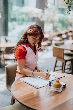 Young woman writes in notebook at a cafe, focused on work and ideasの写真素材