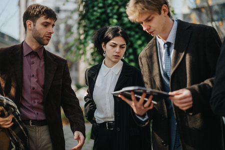 Three young colleagues review documents outside in a city business settingの写真素材