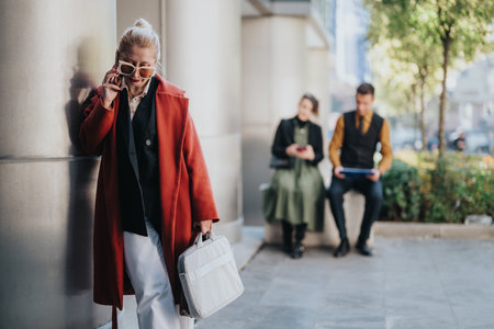 Stylish woman on the phone outside a corporate building with two colleagues waiting nearbyの写真素材