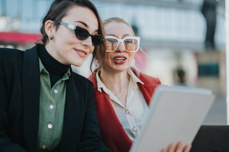 Two stylish professionals share a tablet in an urban city setting, smiling and collaborating outdoors.の写真素材