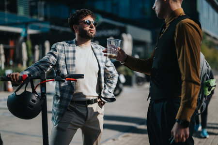 Business friends chat outdoors in a city setting with a scooter and drink, capturing a casual meet-upの写真素材