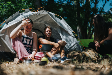 Friends enjoy a sunny camping trip inside a tent at a forest campsite, sharing laughter and relaxationの写真素材