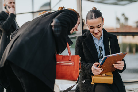 Two young coworkers share a friendly moment outside, reviewing documents together during a breakの写真素材