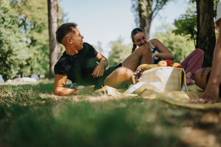 Friends enjoy a sunny park picnic with fruits on a checkered blanket and warm laughter in the shadeの写真素材