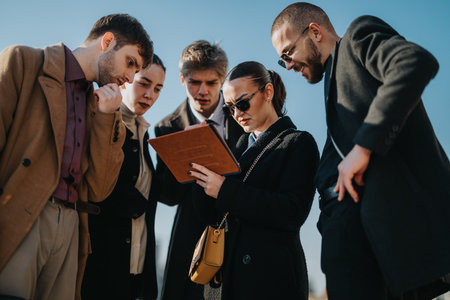 Young coworkers review a document during an outdoor business meeting and collaboration sessionの写真素材