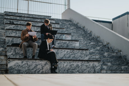 Three colleagues studying outside on marble bleachers, taking notes and discussing documents during daylightの写真素材