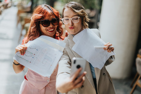 Two women take a playful selfie while holding documents in a sunny outdoor business settingの写真素材