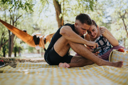 Couple enjoying a sunny park picnic on a checkered blanket with fruit, hammock in the background, and phoneの写真素材
