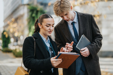 Two colleagues review documents and tablet during an outdoor business discussion in a city streetの写真素材