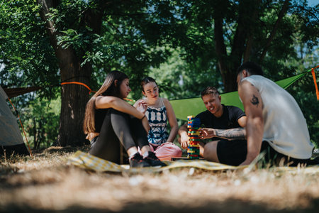 Friends at a sunny campsite enjoy a colorful block-stacking game under trees during a relaxed outdoor dayの写真素材
