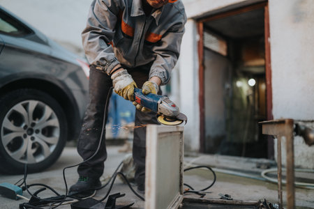 Worker grinding metal with a power grinder in a workshop, sparks flying, car nearbyの写真素材