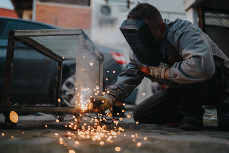 Welder at work outdoors as sparks fly while cutting metal with protective gearの写真素材