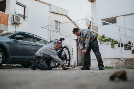 Two mechanics repair a bicycle in a driveway beside a parked car, collaboration and teamworkの写真素材
