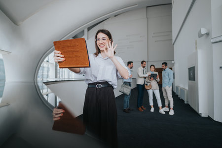 Smiling woman takes selfie in modern office while coworkers chat in backgroundの写真素材