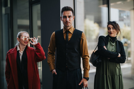 Confident business professionals pose outside in smart casual outfits for a stylish corporate photo sceneの写真素材