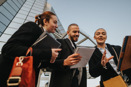 Young coworkers review documents together outdoors, discussing a tablet beside a glass buildingの写真素材