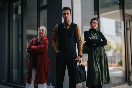 Confident professionals outside a modern building posing for business and street style portraitsの写真素材