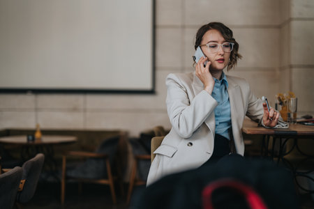 Businesswoman on a phone call in a modern cafe, dressed in a blazer and glasses, taking notesの写真素材