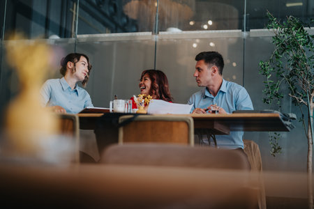 Casual business meeting among colleagues at a cafe, discussing documents and ideasの写真素材