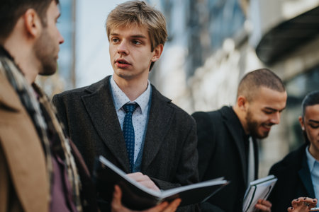 Business colleagues chat outdoors on the city street, sharing ideas and documents during a workdayの写真素材