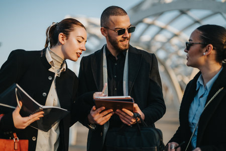 Three young coworkers discuss project ideas outdoors on a sunny urban bridge during a casual meetingの写真素材