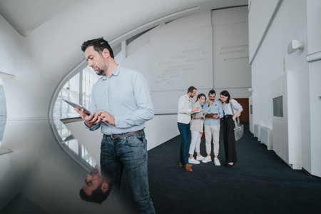 Man with tablet in foreground as colleagues gather in a bright, modern office hallway for a group discussionの写真素材