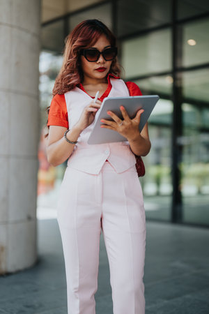 Professional woman in pink suit using tablet outdoors, taking business notesの写真素材