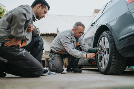 Two mechanics inspect and repair a car wheel with a drill in a workshopの写真素材