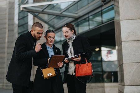 Three young coworkers review documents outside a modern office building during a collaborative discussionの写真素材