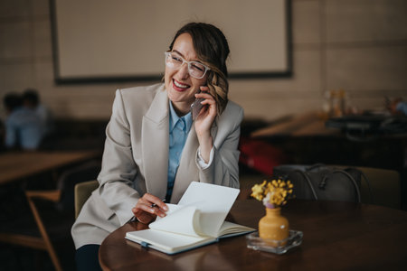 Smiling woman in blazer talks on phone at a cafe desk with notebook and vase on the tableの写真素材