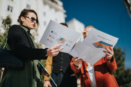 Business professionals read colorful brochures during an outdoor urban presentation and collaborative discussionの写真素材