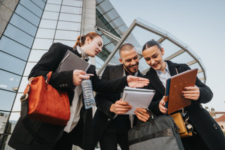 Young coworkers collaborate outside a modern office building, sharing documents and planning a projectの写真素材