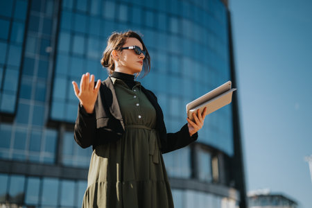 Confident businesswoman standing outside a modern office building with a tablet, presenting to colleagues in an urban settingの写真素材