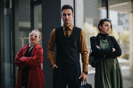 Confident business professionals stand outside a modern building in stylish, professional attireの写真素材