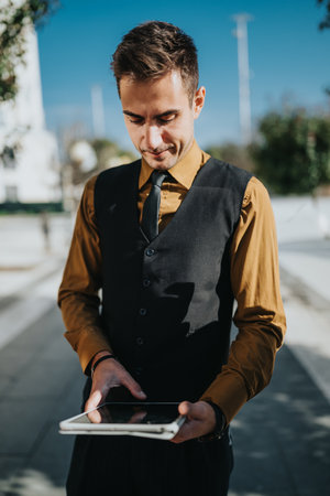 Professional businessman in vest uses tablet outdoors in an urban city settingの写真素材
