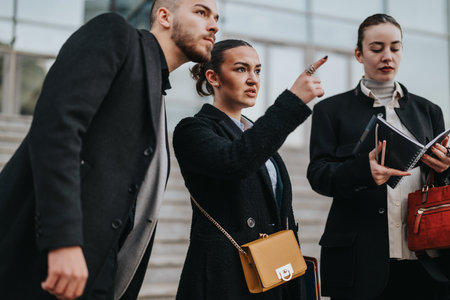 Young coworkers discuss ideas outside a modern office building, planning a project togetherの写真素材