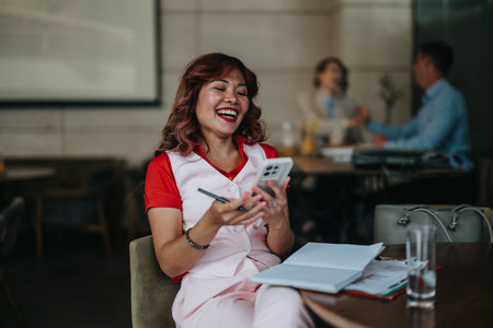 Joyful businesswoman laughing while texting at a cafe-style office with notes nearbyの写真素材