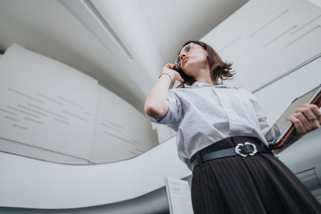 Business woman on the phone in a modern atrium, holding clipboard, looking upの写真素材