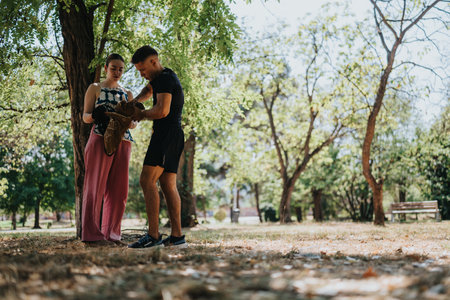 Couple training outdoors in a park, preparing boxing gloves together for exerciseの写真素材